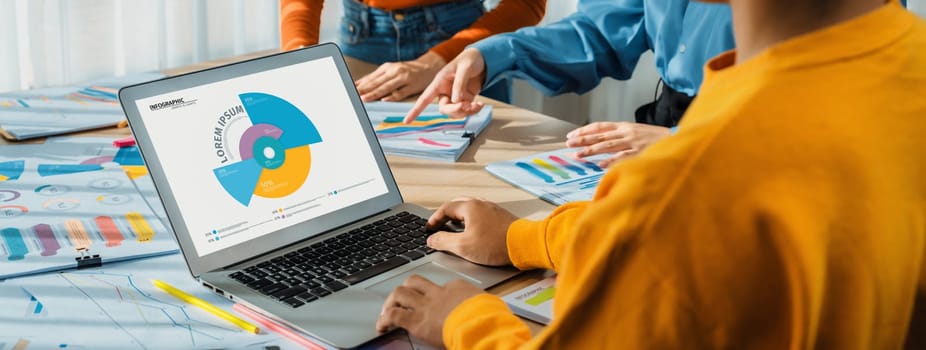 Startup company employee working together using laptop analyzing BI dashboard paper on financial data report and planning strategic marketing for business success in panorama banner. Synergic