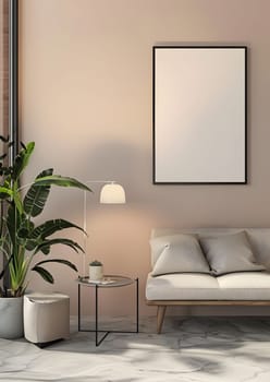 A cozy living room with a comfortable couch, wooden table, stylish lamp, and a beautiful picture on the wall. The interior design includes a houseplant for added freshness