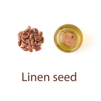 Linen seeds and linen raw oil isolated on white background - creative layout. Heap of flax seeds and raw flax seed oil in small glass bottle isolated on white with clipping path, top view or flat lay