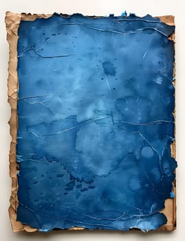 An azure rectangle of natural material with a brown border, resembling aqua paint. The electric blue tints and shades give it a transparent, fashion accessory look, like glass