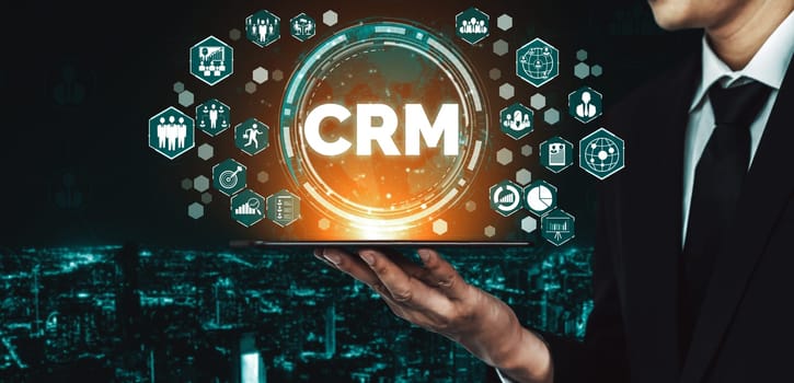 CRM Customer Relationship Management for business sales marketing system concept presented in futuristic graphic interface of service application to support CRM database analysis. uds