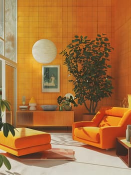 A cozy living room with an orange couch and yellow walls, complemented with wooden furniture and a variety of plants for a warm and inviting interior design