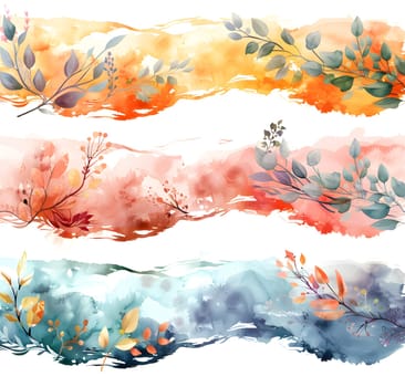Artistic watercolor banners featuring vibrant orange flowers and leaves, showcasing the fluidity of nature through liquid paint. A harmonious blend of colors in a natural landscape pattern