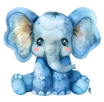 A cartoon baby blue elephant toy is sitting on a white background, showing a cute smile. This mammal organism is depicted in a gesture of relaxation, resembling working elephants