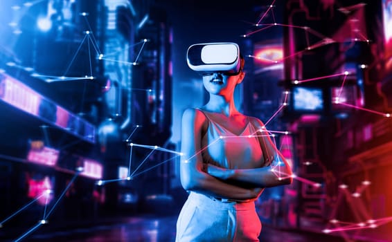 Female stand in virtual reality cyberpunk style building wear VR headset connect metaverse, future cyberspace community technology, She turn body to left crossed arm and confident pose. Hallucination.