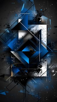 An electric blue geometric art fixture with triangles and rectangles on a dark metal background. The symmetry of the shapes creates an intriguing design enhanced by glass accents and modern font