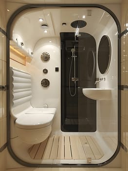A bathroom with hardwood flooring and metal fixtures, including a toilet, sink, and shower with automotive lighting. The design features circleshaped accents and a contemporary style