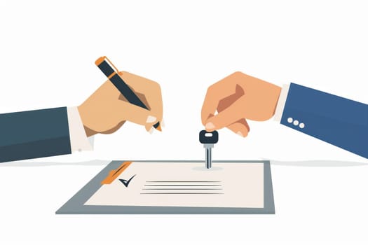 Two people are signing a document with a pen.