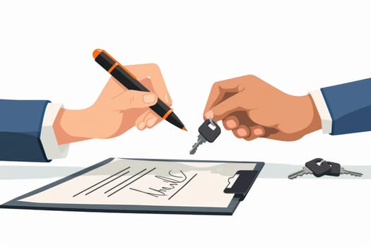 Two people are signing a document with a pen. One person is holding a key. Concept of a legal agreement or contract being signed