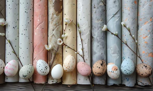 A line of Easter eggs rests on a rustic wooden table, creating a blend of natural materials and artistic design