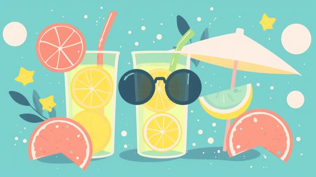 Flat illustration, A beach scene with a straw in a glass of orange juice.