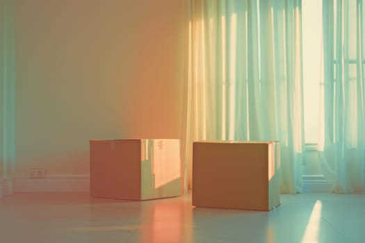 Two cardboard boxes are sitting in a room with white curtains. The room is empty and the boxes are the only objects in the space
