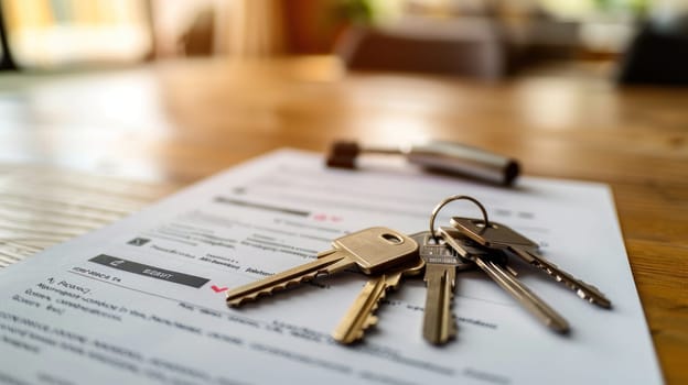 A stack of keys are on top of a piece of paper. The keys are shiny and appear to be new. The paper is on a wooden table