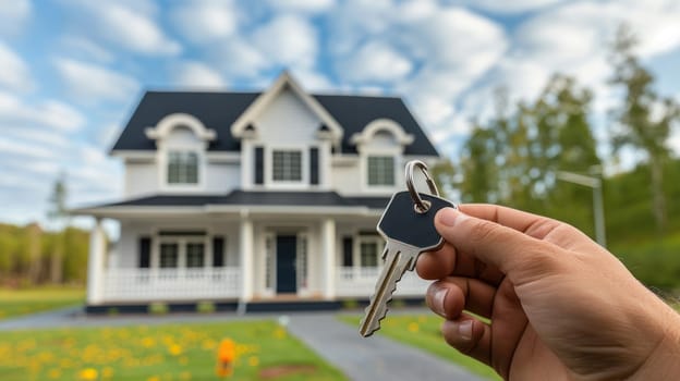 A person is holding a key in front of a house. The house is a large, white home with a porch. The key is black and shiny. Scene is one of accomplishment and excitement