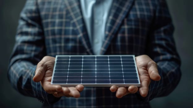 A man is holding a solar panel in his hands. Concept of innovation and progress, as solar energy is a clean and renewable source of power. The man's attire, a suit and tie