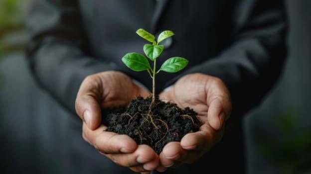 A person is holding a small tree in their hands.