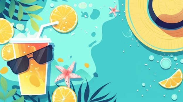 Flat illustration, A beach scene with a straw in a glass of orange juice.