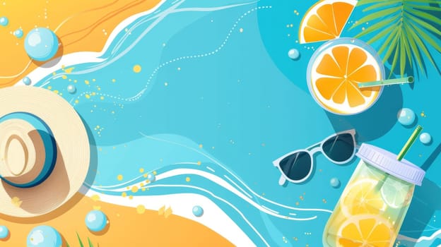 Flat illustration, A beach scene with a straw in a glass of orange juice, summer background.