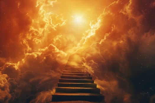 A staircase leading to the sky with clouds in the background.