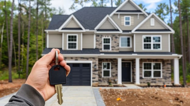 A person is holding a key in front of a house.