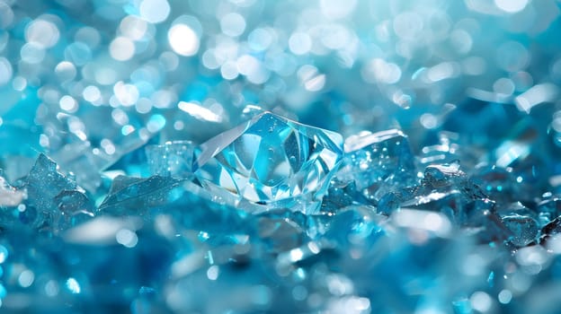 A close up of a liquid blue diamond on an electric blue background, resembling a natural landscape. The diamond sparkles like water and is a stunning fashion accessory in jewellery design