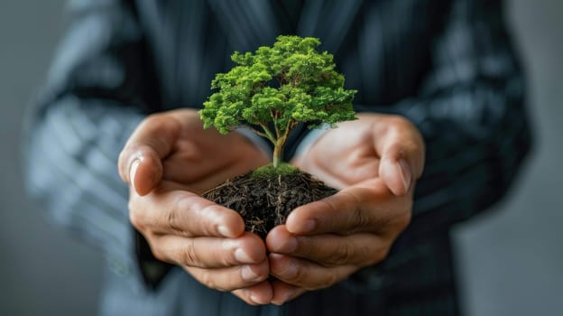 A person is holding a small tree in their hands. Concept of nurturing and care for the plant, as the person is protecting it from harm. The tree is surrounded by dirt