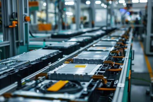 Mass production assembly line of electric vehicle battery cells.