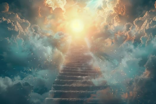 A staircase leading to the sky with clouds in the background.