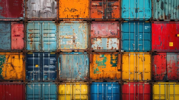 A row of containers with different colors and sizes stacked on top of each other.