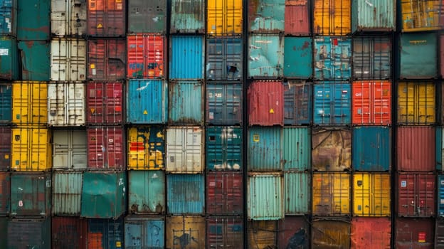 A row of containers with different colors and sizes stacked on top of each other.