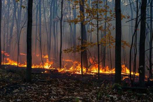 view of massive wildfire or forest fire with burning trees and orange smoke. Generative AI..