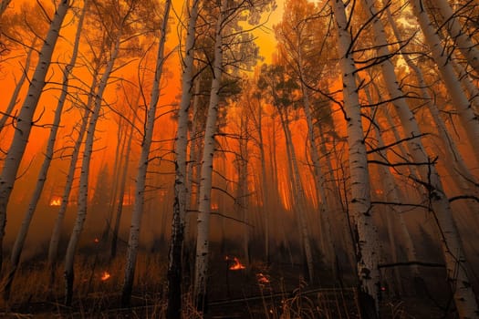 view of massive wildfire or forest fire with burning trees and orange smoke. Generative AI..