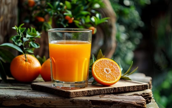 a glass of orange juice next to a half of an orange. generative ai.