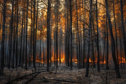 view of massive wildfire or forest fire with burning trees and orange smoke. Generative AI..