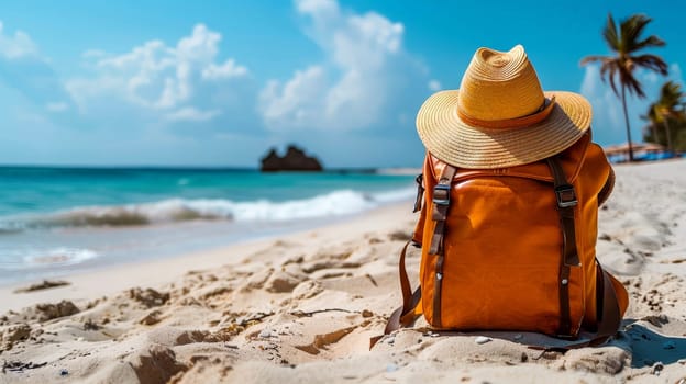 Summer hat and backpack on t beach. Vacation , travel concept. ai generative.