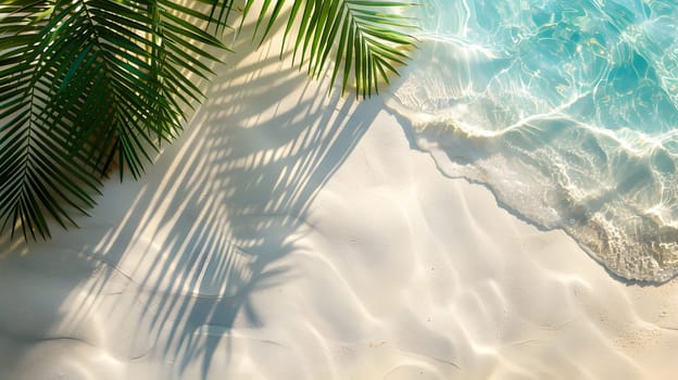 The silhouette of a palm tree is reflected on the sandy beach, creating a beautiful pattern in the landscape. The trees evergreen leaves contrast against the electric blue sky