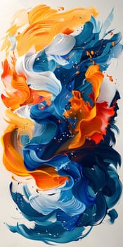 An electric blue and orange swirl of paint creates a mesmerizing pattern on a white canvas, resembling a beautiful flower petal in a vibrant abstract art painting