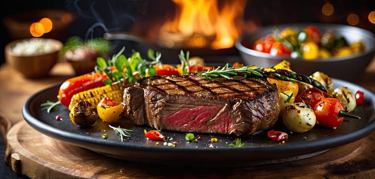 Grilled beef, dinner, vegetables. Succulent grilled beef surrounded by colorful roasted vegetables displayed on a rustic wooden board