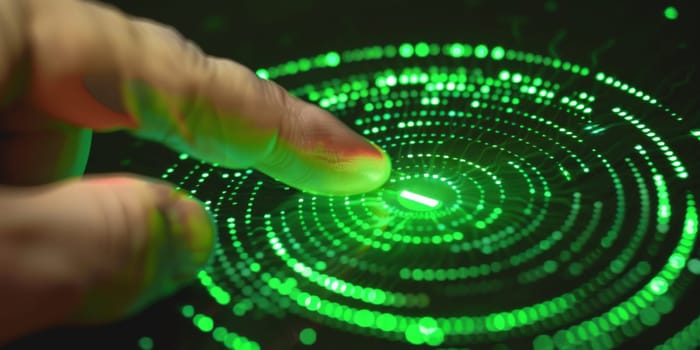 futuristic technology and home automation concept. close up of a finger pressing a green hologram button.