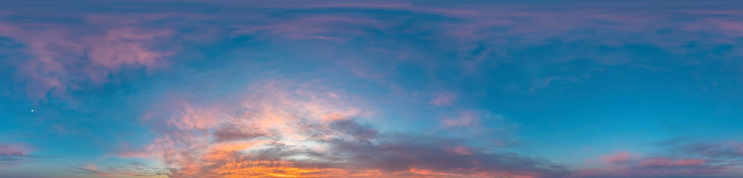 Dawn sky panorama with Stratocumulus clouds in Seamless spherical equirectangular format as full zenith for use in 3D graphics, game and in aerial drone 360 degree panoramas for sky replacement