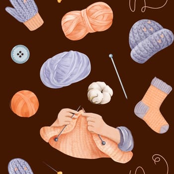 A seamless pattern celebrating knitting, hands crafting fabric and various knitted garments like hats socks and mittens. yarn skeins, buttons and pins with cotton flowers. watercolor blue backdrop.