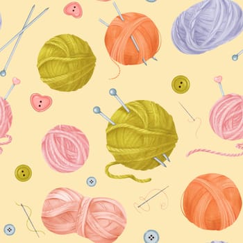 A seamless crafting-themed pattern featuring yarn skeins, colorful buttons, sewing needles with threads, and knitting needles on a beige background. watercolor for textile design crafting projects.