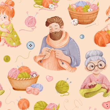 A seamless pattern characters knitting. A grandmother in glasses and hipster man knit a scarf, a girl plays with a ball of yarn. basket with needles buttons threads and cotton flowers. watercolor..