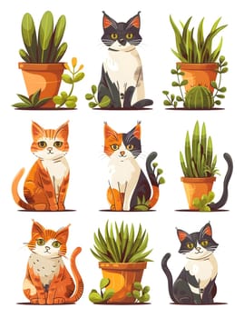 A group of Felidae, carnivorous mammals known as cats, sitting next to green potted plants by the window. Some plants have orange flowers