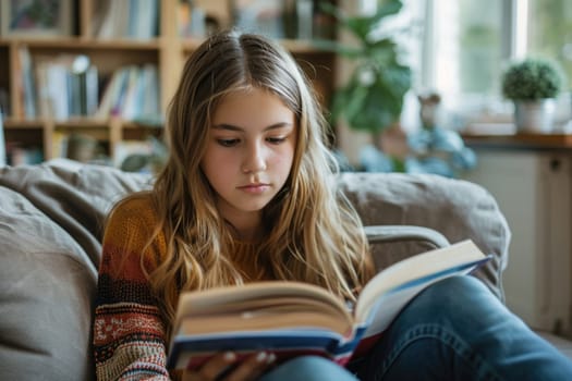 teen girl reading a book at home. ai generated