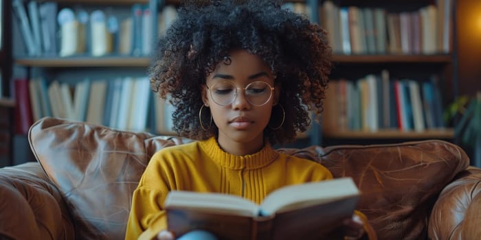 teen girl reading a book at home. ai generated