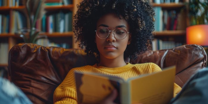 teen girl reading a book at home. ai generated