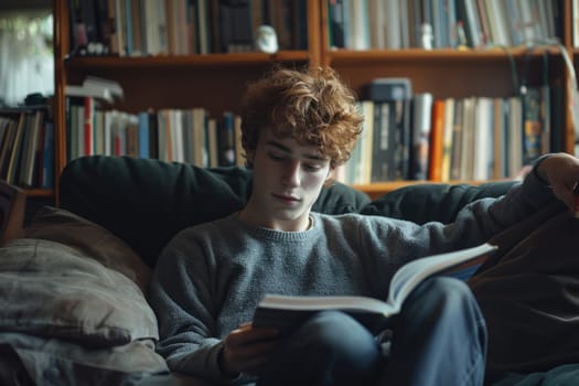 teen boy reading a book at home. ai generated