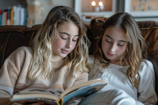 two teen girls reading a book at home. ai generated