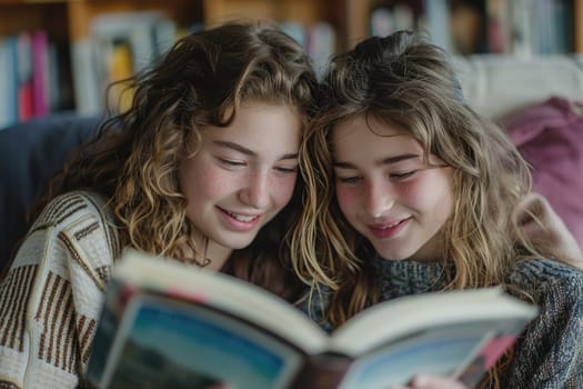 two teen girls reading a book at home. ai generated